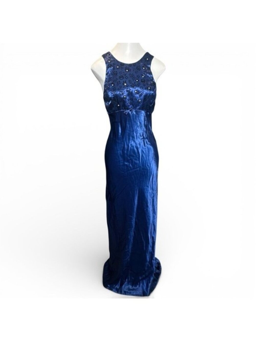 INXS Vintage Gown 7 Y2K Blue Rhinestone Bias Cut Empire Waist Satin Prom Evening